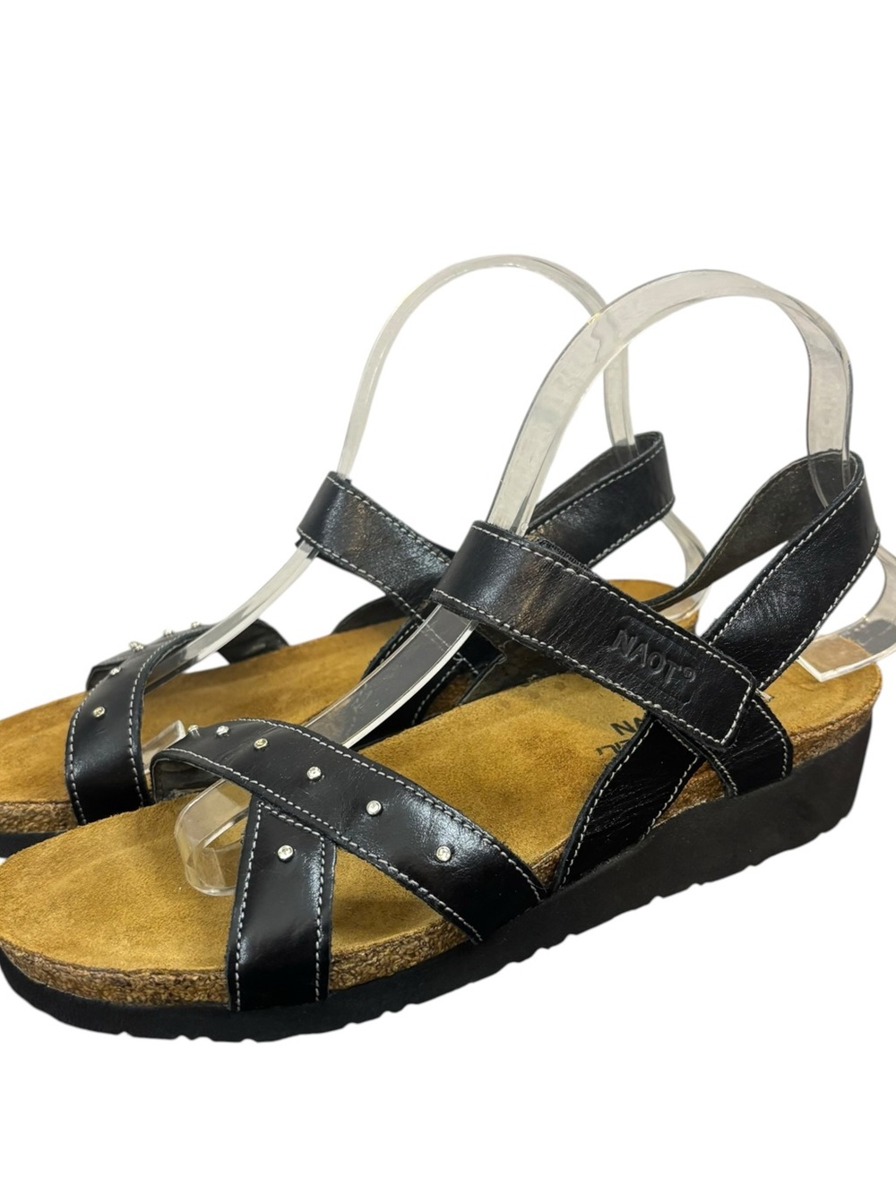 NAOT Women's Black Leather Embellished Wedge  Cork Sandals Size US 8 EU 39